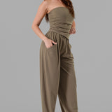 Ruched Strapless Asymmetric Hem Tube Top & High-Waist Relaxed Pocket Pants