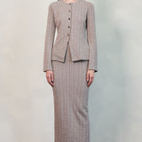 Ribbed Knit Button-Up Jacket & Back Slit Skirt Set