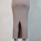 Ribbed Knit Button-Up Jacket & Back Slit Skirt Set