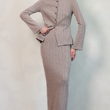 Ribbed Knit Button-Up Jacket & Back Slit Skirt Set