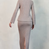 Ribbed Knit Button-Up Jacket & Back Slit Skirt Set