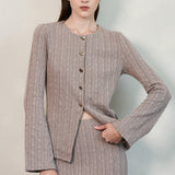 Ribbed Knit Button-Up Jacket & Back Slit Skirt Set