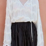 Zigzag Lace Crinkled Sheer V-neck Blouse