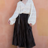 Zigzag Lace Crinkled Sheer V-neck Blouse