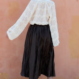 Zigzag Lace Crinkled Sheer V-neck Blouse