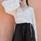 Zigzag Lace Crinkled Sheer V-neck Blouse