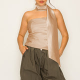 Off-Shoulder Satin Top with Scarf Detail