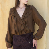 Ruffled V-Neck Long Sleeve Blouse