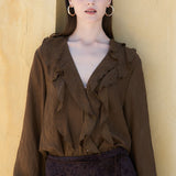 Ruffled V-Neck Long Sleeve Blouse