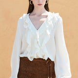 Ruffled V-Neck Long Sleeve Blouse