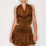 Fringe Halter Crop Top & Tiered Ruffle Mini Skort Set (Top Only)