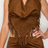 Fringe Halter Crop Top & Tiered Ruffle Mini Skort Set (Top Only)