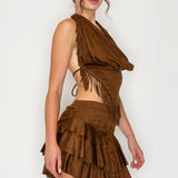 Fringe Halter Crop Top & Tiered Ruffle Mini Skort Set (Top Only)