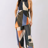 Abstract Print Halter Top & Wide-Leg Pants Set