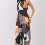 Abstract Print Halter Top & Wide-Leg Pants Set