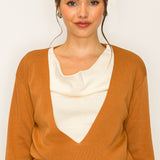 Two-Tone Knit Top with Draped Contrast Detail (TOP ONLY)