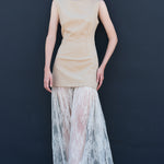 Side view of taupe sleeveless dress with lace layered skirt – modern women’s chic fashion style