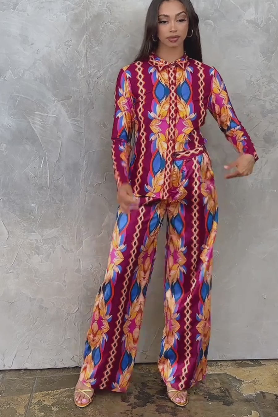 silky stain button down shirt and wide pants set