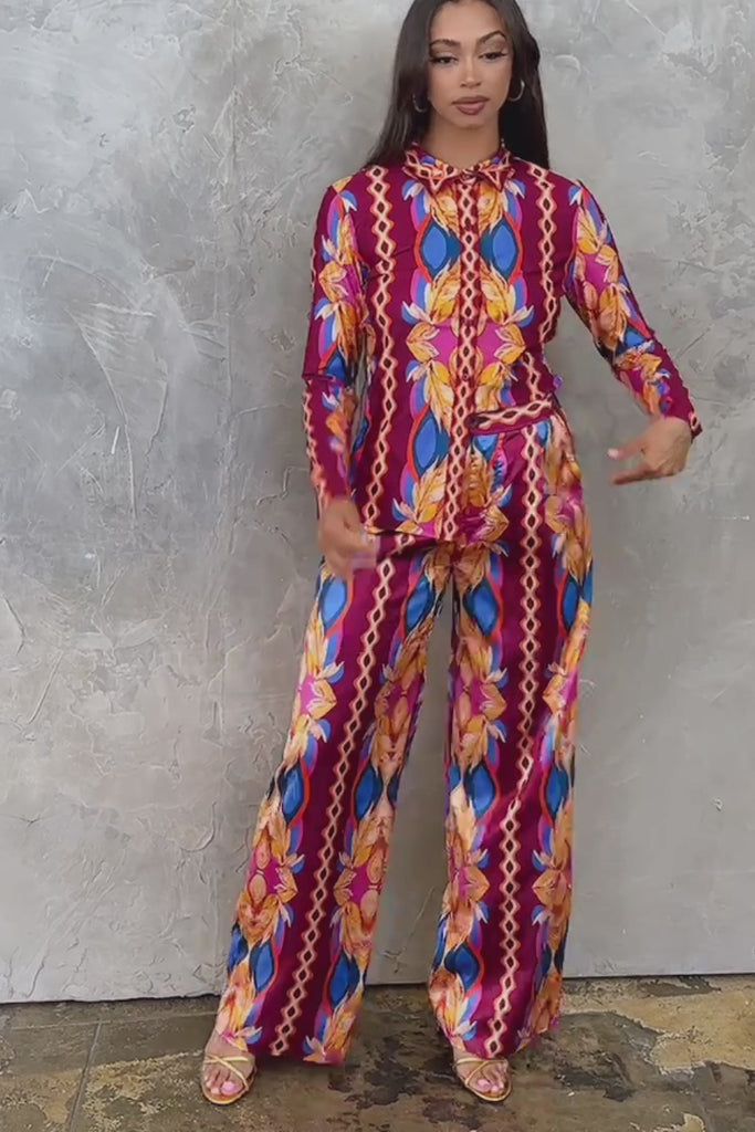 silky stain button down shirt and wide pants set