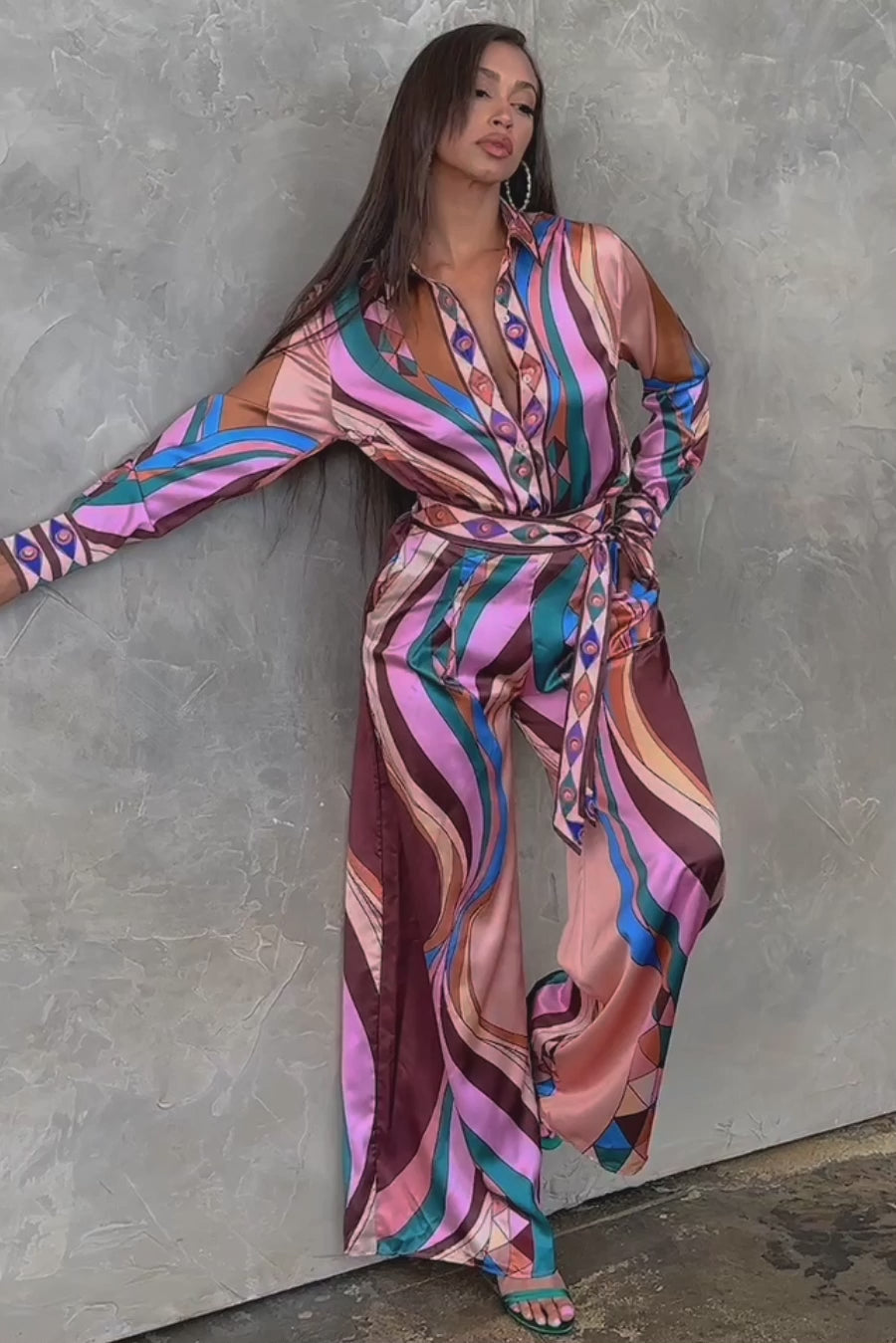 button down shirt and wide pants set in satin