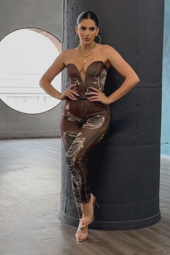 Video thumbnail showing a full-body rotation of StyleVava's denim-look bustier and leggings set, modeled indoors.