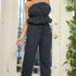 STYLEVAVA navy pintuck straight-leg pants with waistband, styled with matching strapless ruffle top
