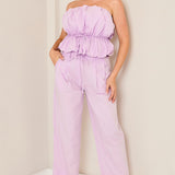 STYLEVAVA pink pintuck straight-leg pants with waistband, styled with matching strapless ruffle top