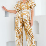 STYLEVAVA camel satin wide-leg jumpsuit with short sleeves – worn by model