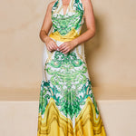 STYLEVAVA printed cowl neck top and skirt set in yellow – silky halter neck design