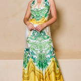 STYLEVAVA printed cowl neck top and skirt set in yellow – silky halter neck design