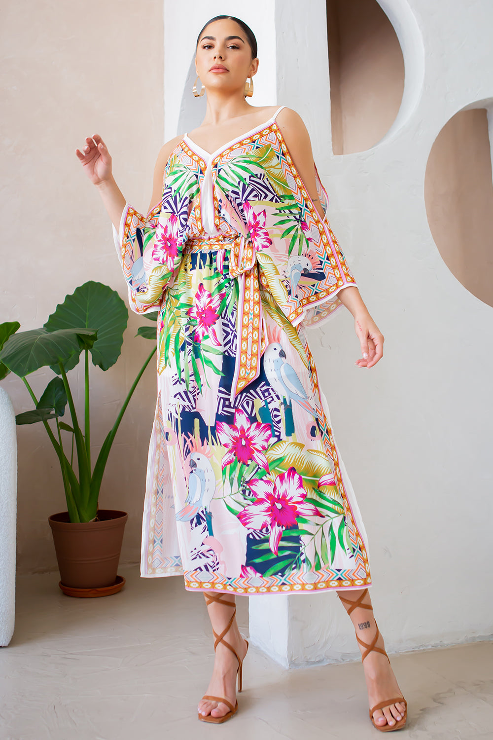 cold shoulder v neck scarf dress