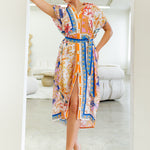 shoulder shirring button down midi dress