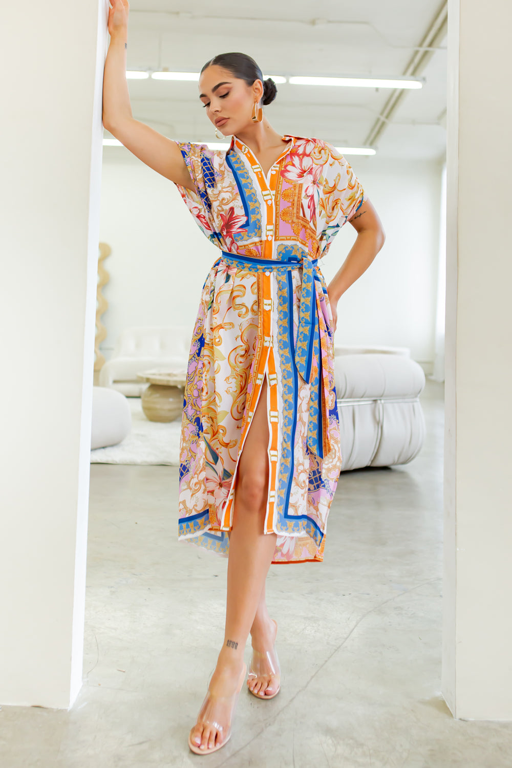 shoulder shirring button down midi dress