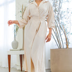 long sleeve midi length font button dress with collar in ivory