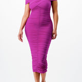 mesh off shoulder midi dress