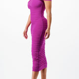 Ruched Off Shoulder Mesh Midi Dress