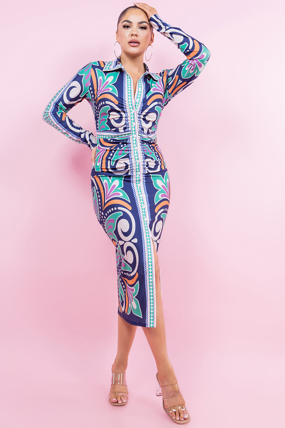 LONG SLEEVE FRONT DRAPE BUTTON DOWN MIDI SHIRT DRESS