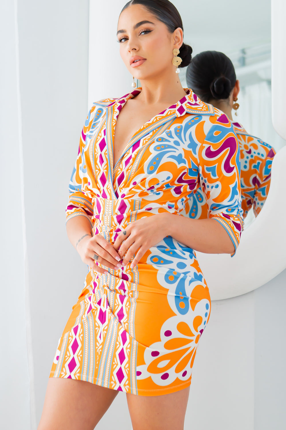 short deep v neck collared jersey dress in orange