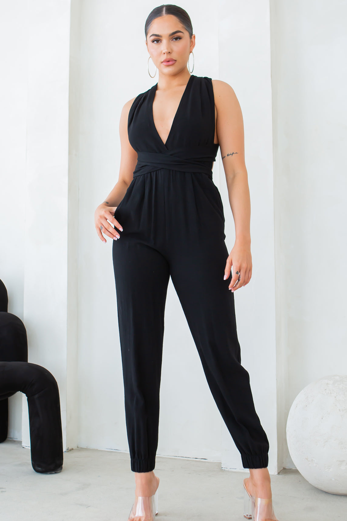 convertible halter and harem fit pants jumpsuit in black