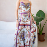 backless scarf print top and wide leg pants set