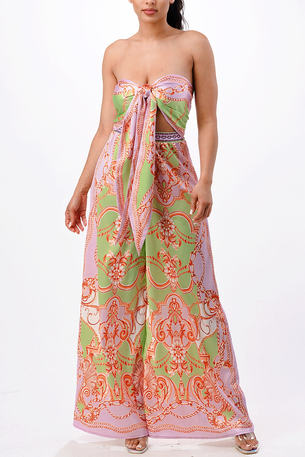 satin convertible halter neck and wide pants jumpsuit