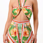 tropical satin convertible halter neck and wide pants jumpsuit