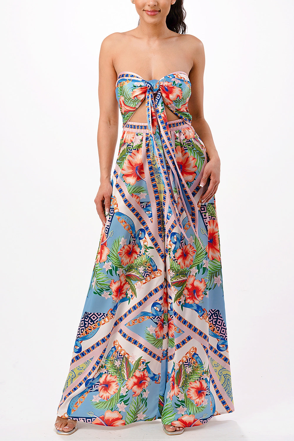 tropical satin convertible halter neck and wide pants jumpsuit
