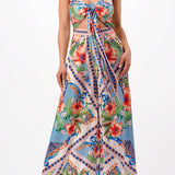 tropical satin convertible halter neck and wide pants jumpsuit