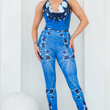 halter scarf backless top and stretched high waist pants set in blue