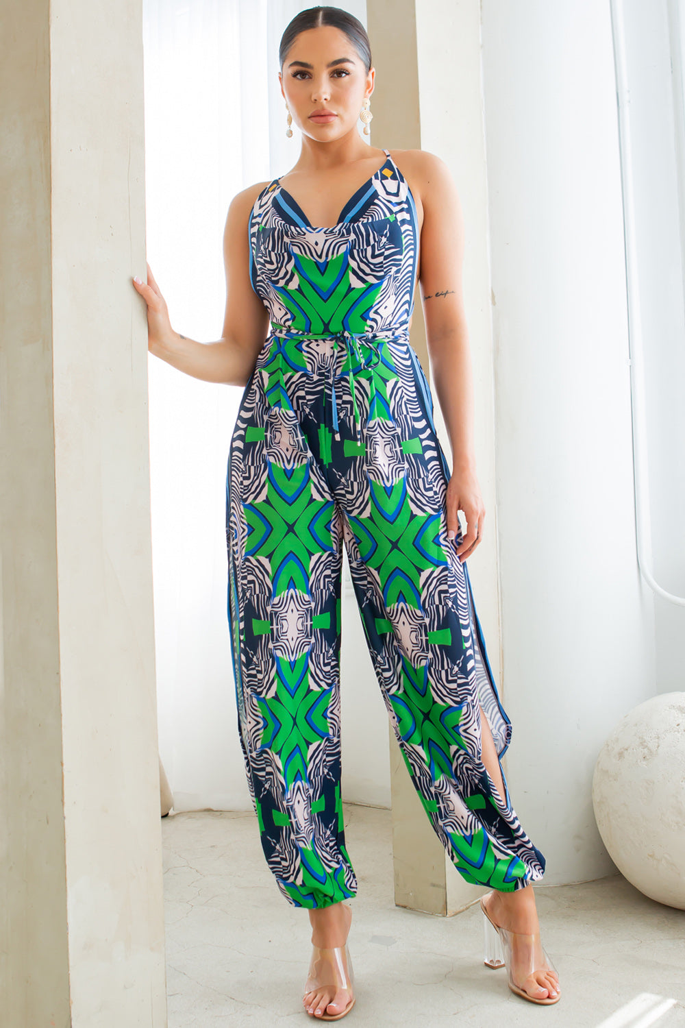 back tie halter jumpsuit with side slits in green