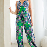 back tie halter jumpsuit with side slits in green
