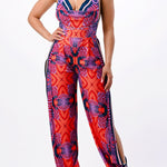 back tie halter jumpsuit with side slits in red