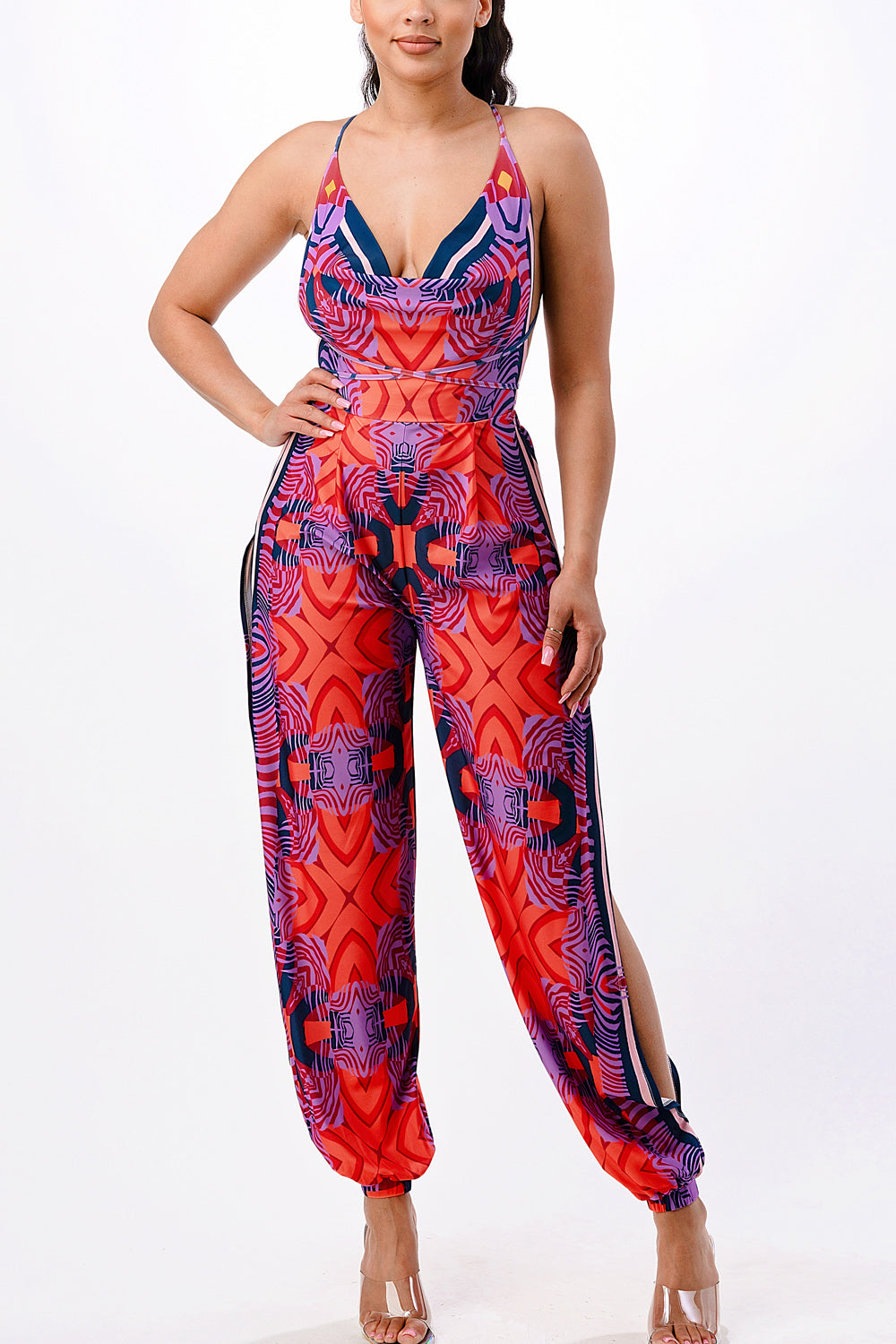 back tie halter jumpsuit with side slits in red