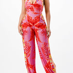  tropical back tie halter jumpsuit with side slits in red